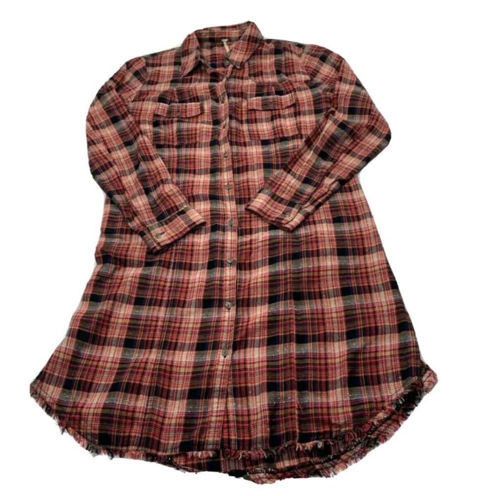 Free People Red Black White Plaid Collared Shirt